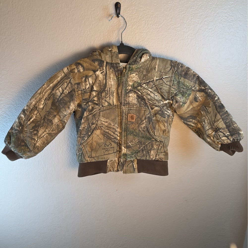 Baby Vintage Carhartt Real Tree Camo Brown Hooded Work Jacket Toddler Size 2T